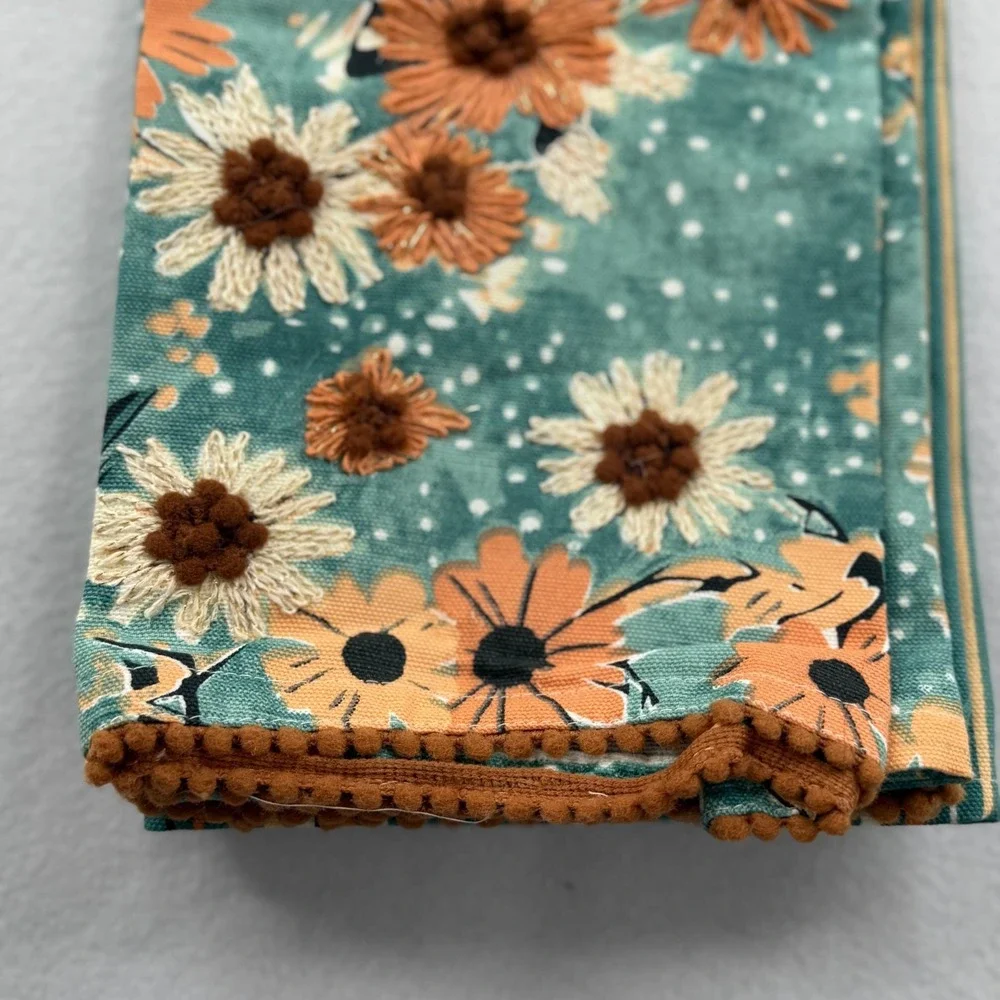 Max Studio Home Kitchen Towels Set of 3 Teal Orange Floral Daisy Embroidered